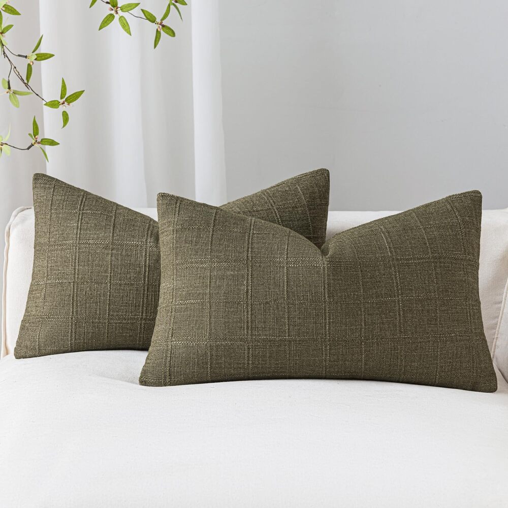 4572 Olive Green Linen Plaid Checkered Throw Pillow Covers 12x20 Set of 2
